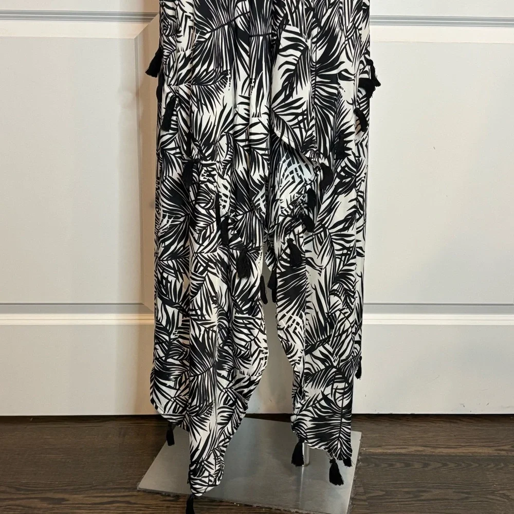 NWT Elan Black White Palm Print Tassel Midi Halter Dress S